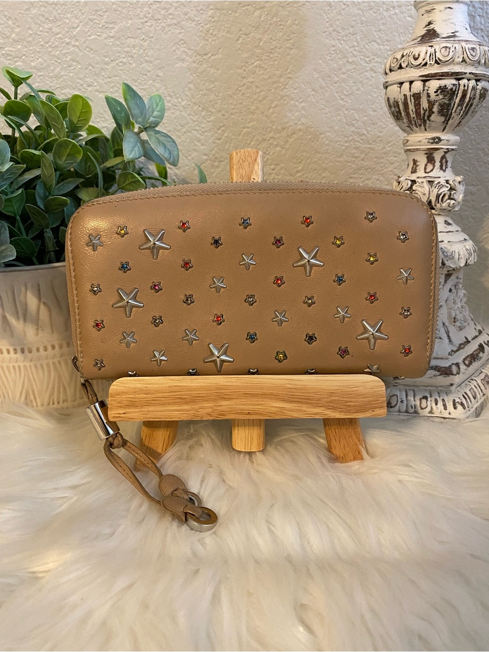 Jimmy Choo Filipa Studded Star Wristlet Zip Wallet - Tan